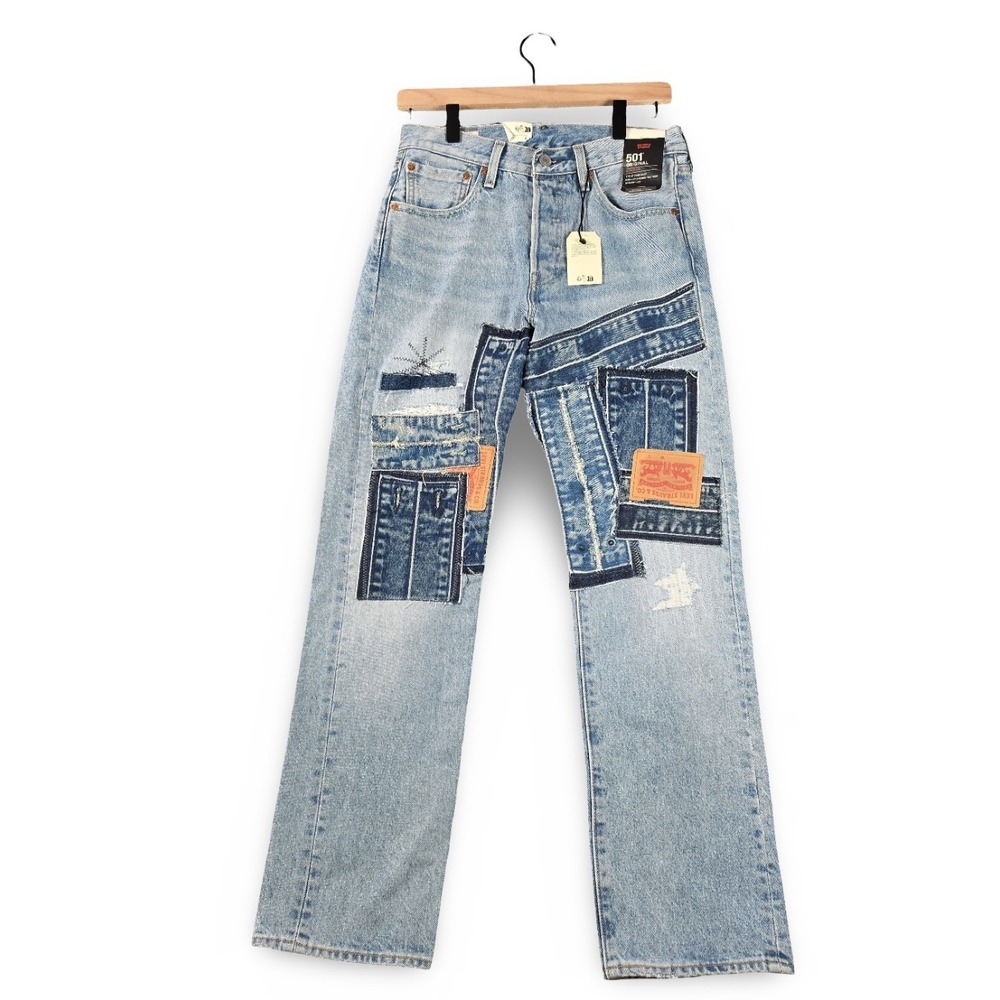 Levis 501 Original Fit Light Blue Distressed Patchwork Boro Jeans 28x30 NWT Mens